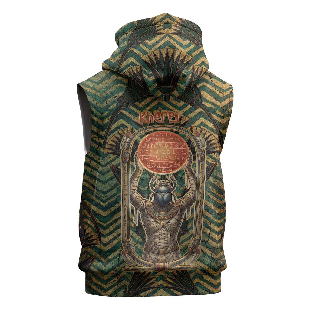Khepri Sleeveless Zip Hoodie Ancient Egyptian Chevron, Scarab Ankh and Winged Khepri Guardian Motif - African Pride