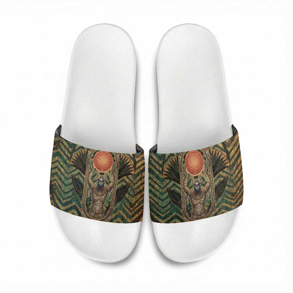 Khepri Slide Sandals Ancient Egyptian Chevron, Scarab Ankh and Winged Khepri Guardian Motif - African Pride