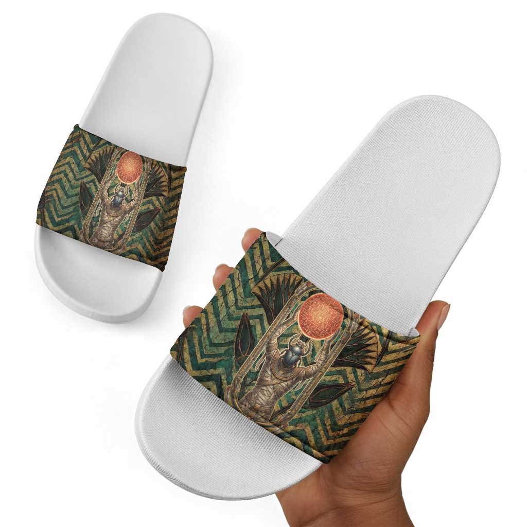 Khepri Slide Sandals Ancient Egyptian Chevron, Scarab Ankh and Winged Khepri Guardian Motif - African Pride