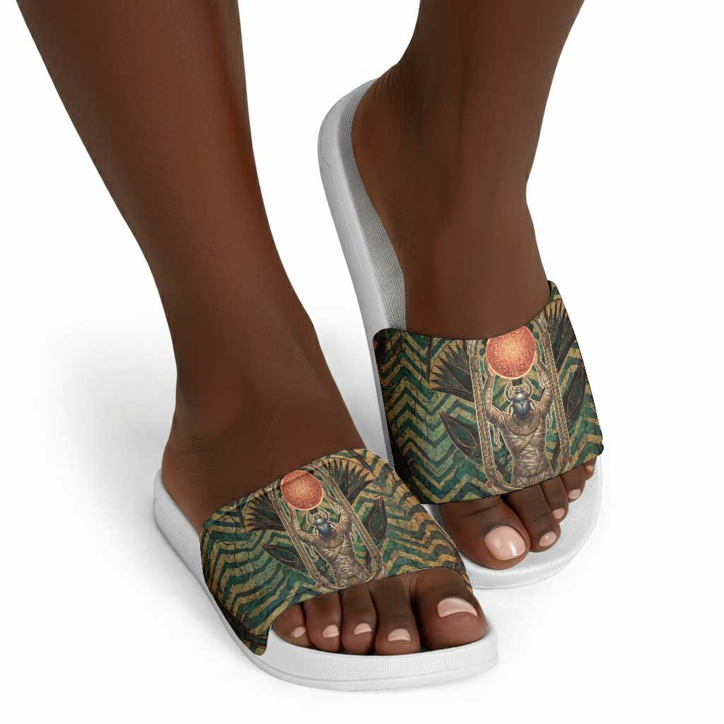 Khepri Slide Sandals Ancient Egyptian Chevron, Scarab Ankh and Winged Khepri Guardian Motif - African Pride