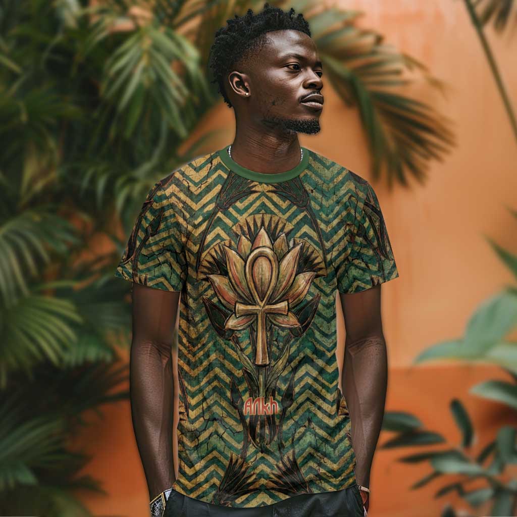 Khepri T shirt Ancient Egyptian Chevron, Scarab Ankh and Winged Khepri Guardian Motif - African Pride