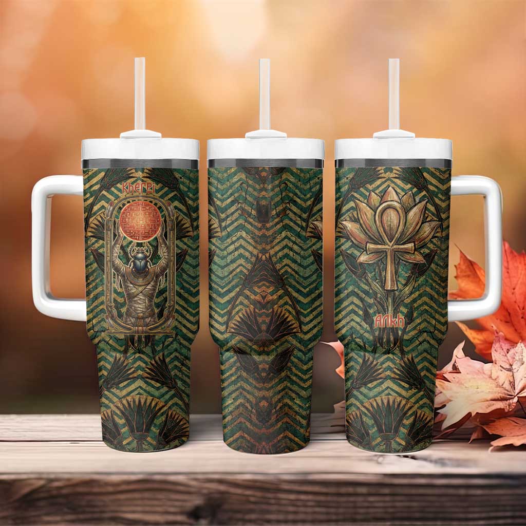 Khepri Tumbler With Handle Ancient Egyptian Chevron, Scarab Ankh and Winged Khepri Guardian Motif - African Pride