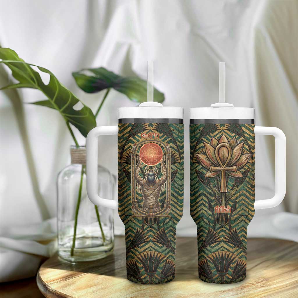 Khepri Tumbler With Handle Ancient Egyptian Chevron, Scarab Ankh and Winged Khepri Guardian Motif - African Pride