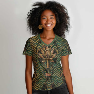 Khepri Women V-Neck T-Shirt Ancient Egyptian Chevron, Scarab Ankh and Winged Khepri Guardian Motif - African Pride