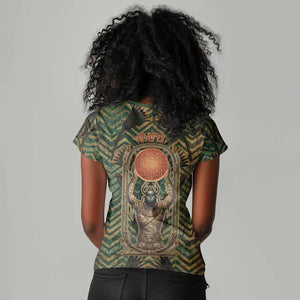 Khepri Women V-Neck T-Shirt Ancient Egyptian Chevron, Scarab Ankh and Winged Khepri Guardian Motif - African Pride