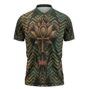 Khepri Zipper Polo Shirt Ancient Egyptian Chevron, Scarab Ankh and Winged Khepri Guardian Motif - African Pride