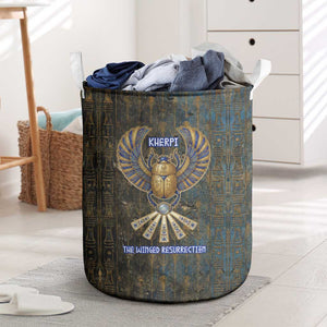 Khepri Ancient Egyptian Laundry Basket Dark Hieroglyphic, Blue Lotus Eye Symbol, and Winged Scarab Resurrection - African Pride