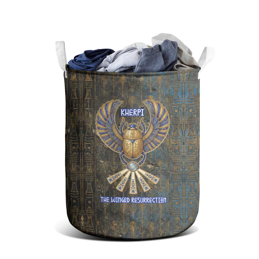 Khepri Ancient Egyptian Laundry Basket Dark Hieroglyphic, Blue Lotus Eye Symbol, and Winged Scarab Resurrection - African Pride