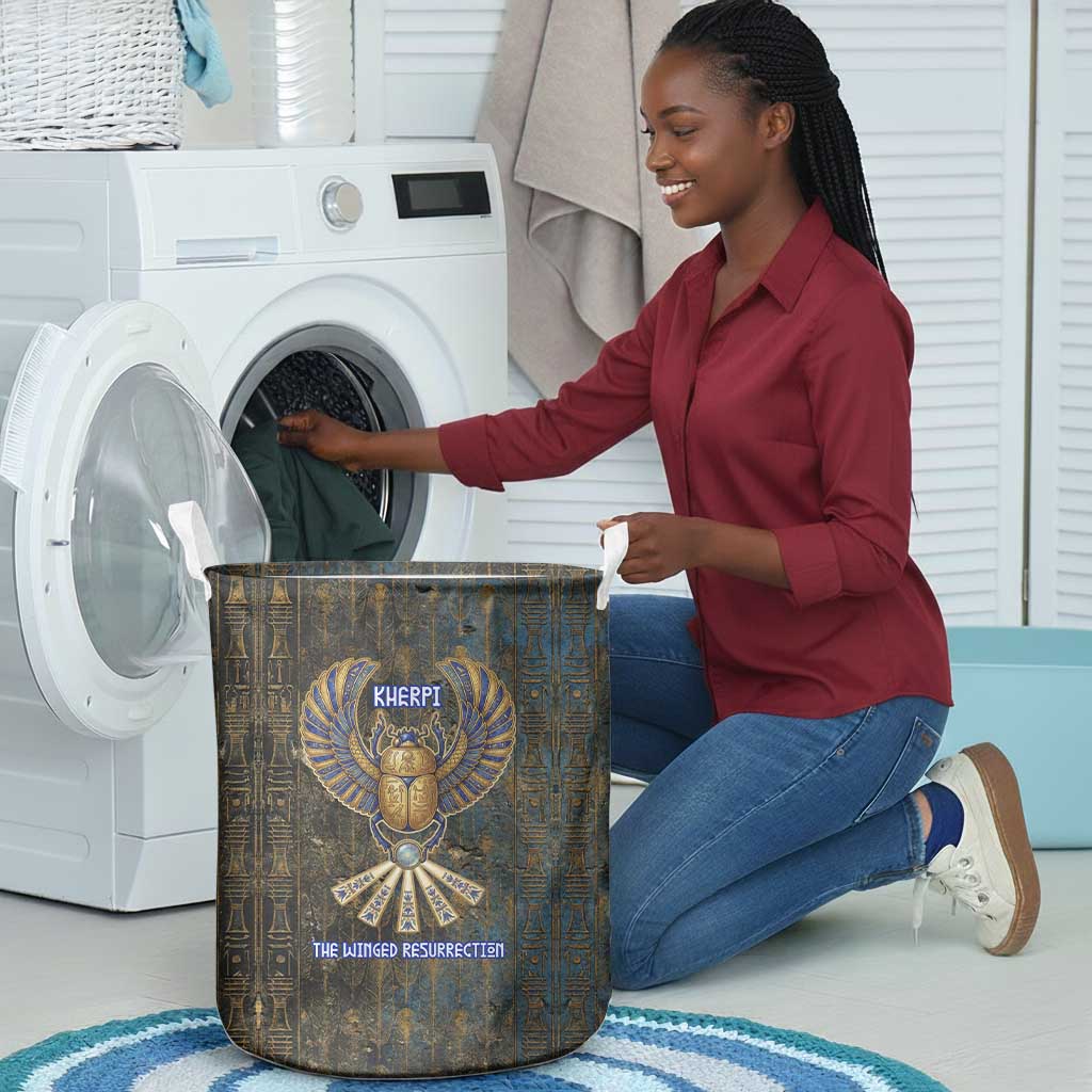 Khepri Ancient Egyptian Laundry Basket Dark Hieroglyphic, Blue Lotus Eye Symbol, and Winged Scarab Resurrection - African Pride