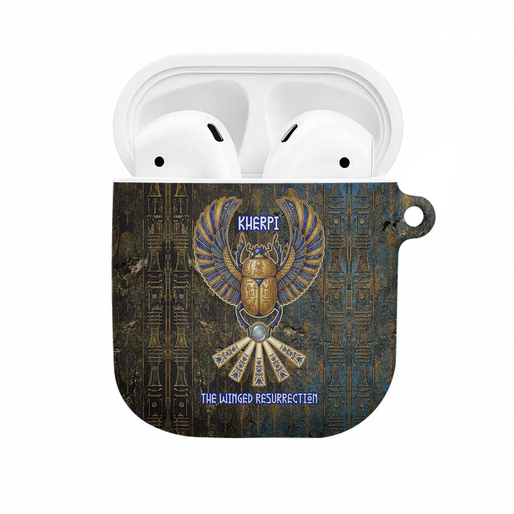 Khepri Ancient Egyptian AirPods Case Dark Hieroglyphic, Blue Lotus Eye Symbol, and Winged Scarab Resurrection - African Pride