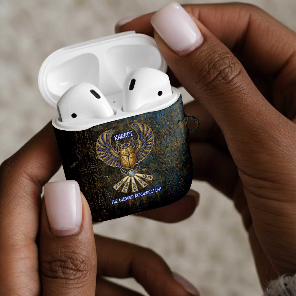Khepri Ancient Egyptian AirPods Case Dark Hieroglyphic, Blue Lotus Eye Symbol, and Winged Scarab Resurrection - African Pride