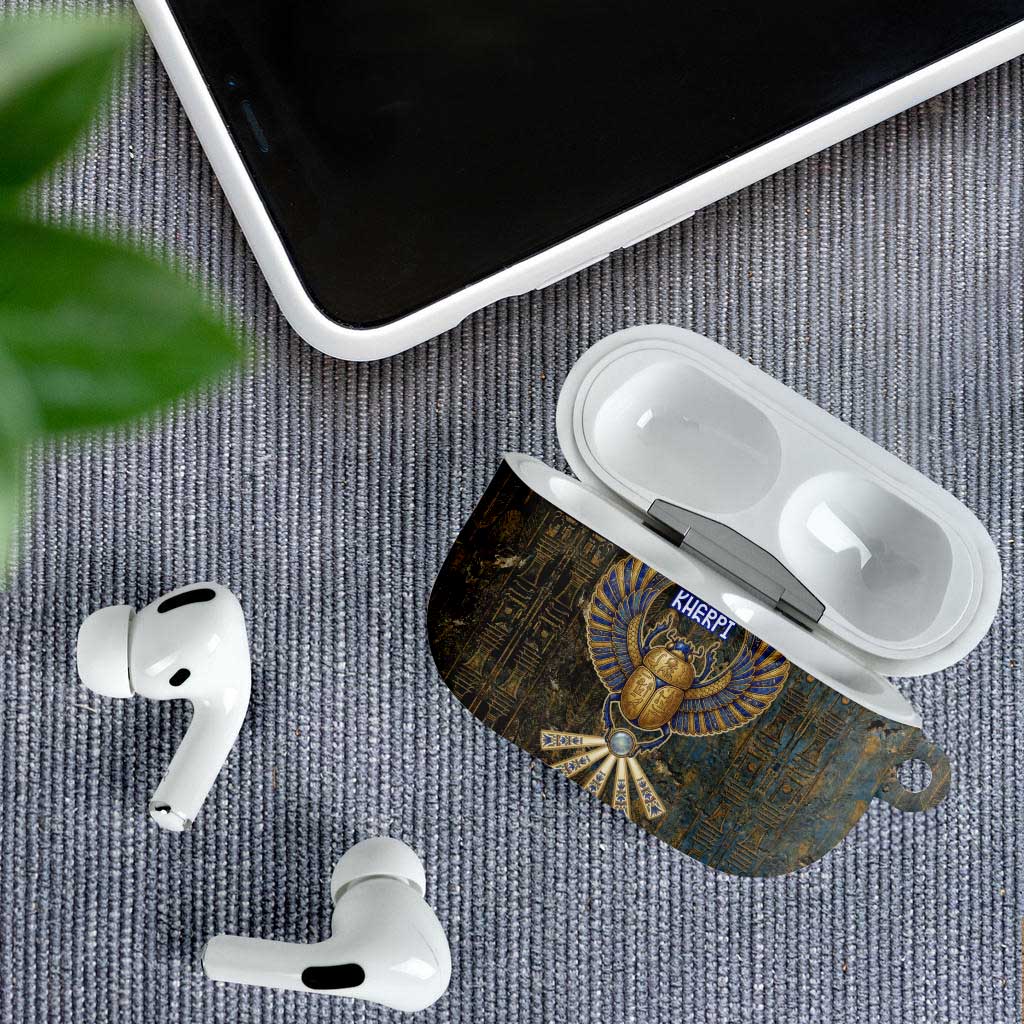 Khepri Ancient Egyptian AirPods Case Dark Hieroglyphic, Blue Lotus Eye Symbol, and Winged Scarab Resurrection - African Pride