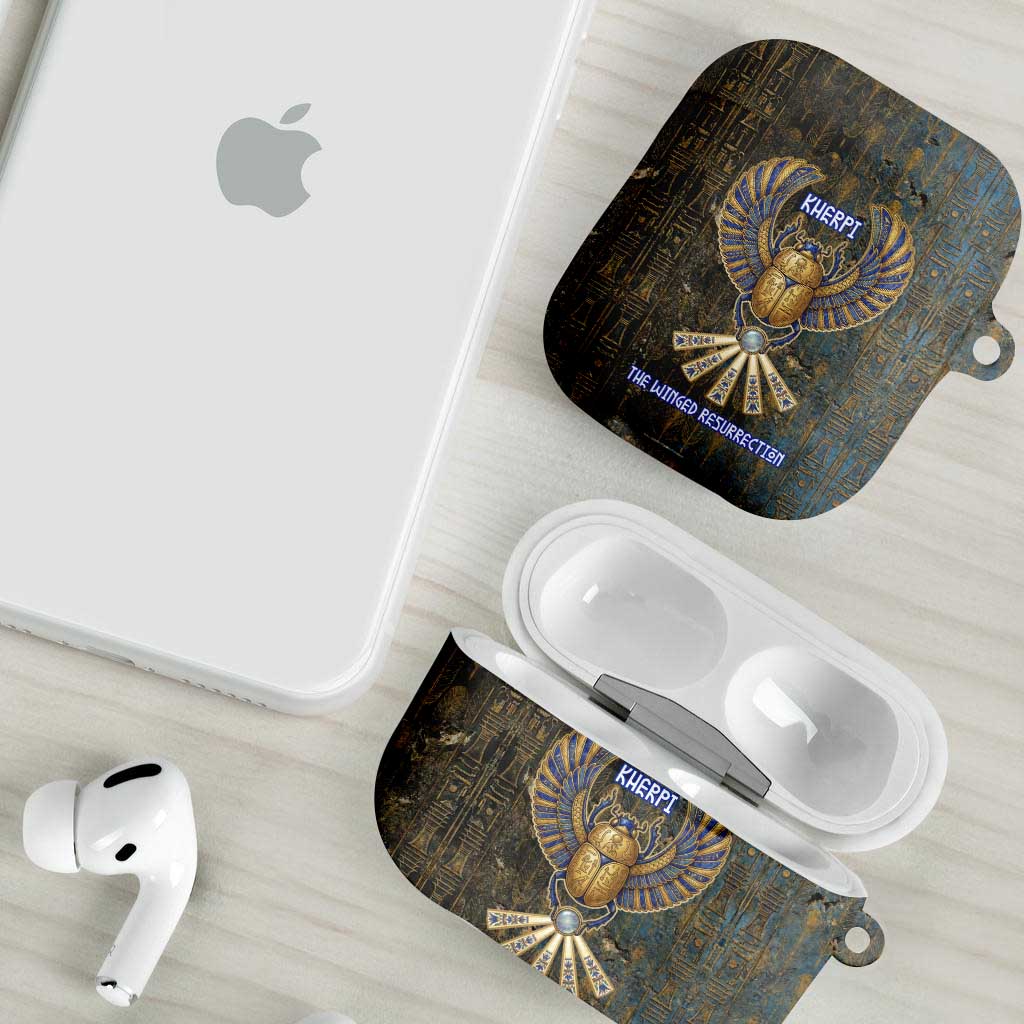 Khepri Ancient Egyptian AirPods Case Dark Hieroglyphic, Blue Lotus Eye Symbol, and Winged Scarab Resurrection - African Pride