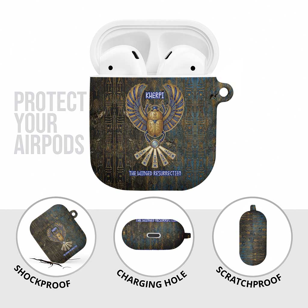 Khepri Ancient Egyptian AirPods Case Dark Hieroglyphic, Blue Lotus Eye Symbol, and Winged Scarab Resurrection - African Pride