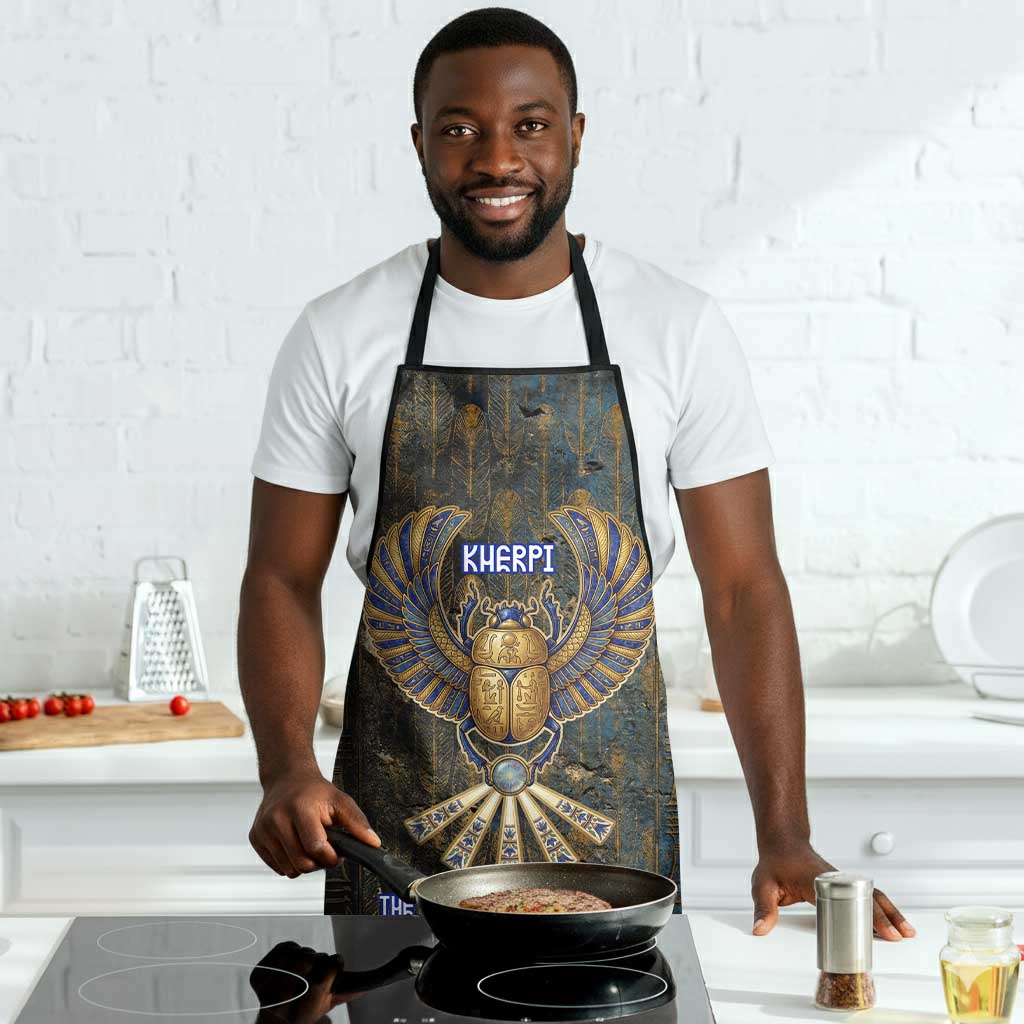 Khepri Ancient Egyptian Apron Dark Hieroglyphic, Blue Lotus Eye Symbol, and Winged Scarab Resurrection - African Pride