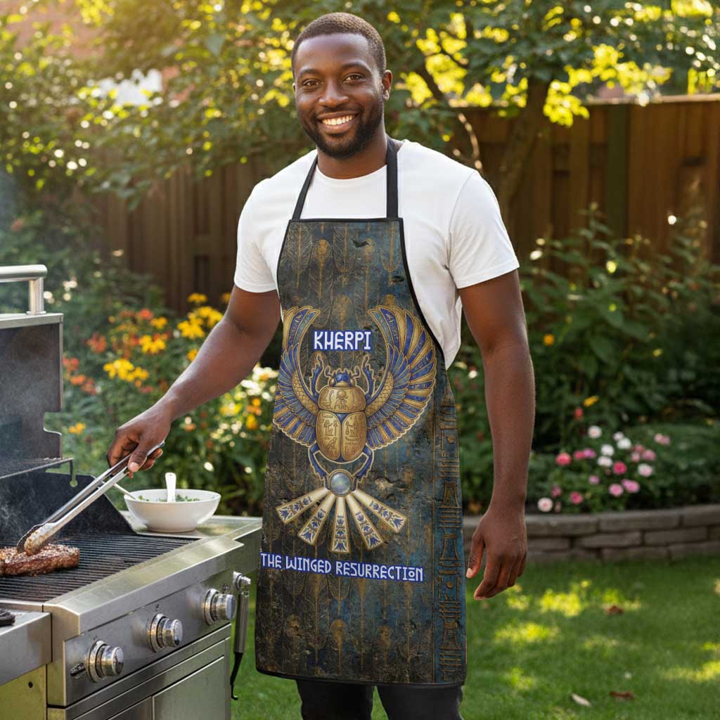 Khepri Ancient Egyptian Apron Dark Hieroglyphic, Blue Lotus Eye Symbol, and Winged Scarab Resurrection - African Pride