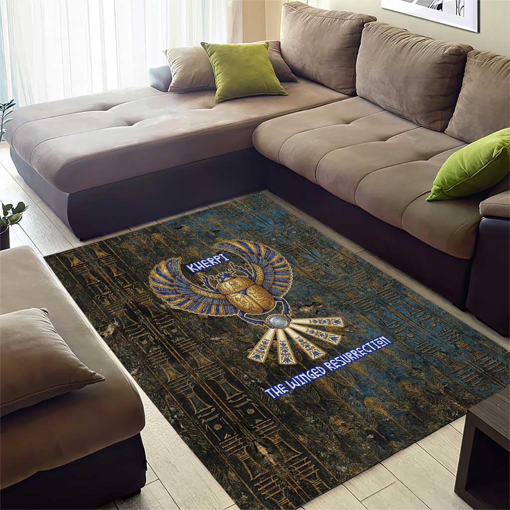 Khepri Ancient Egyptian Area Rug Dark Hieroglyphic, Blue Lotus Eye Symbol, and Winged Scarab Resurrection - African Pride