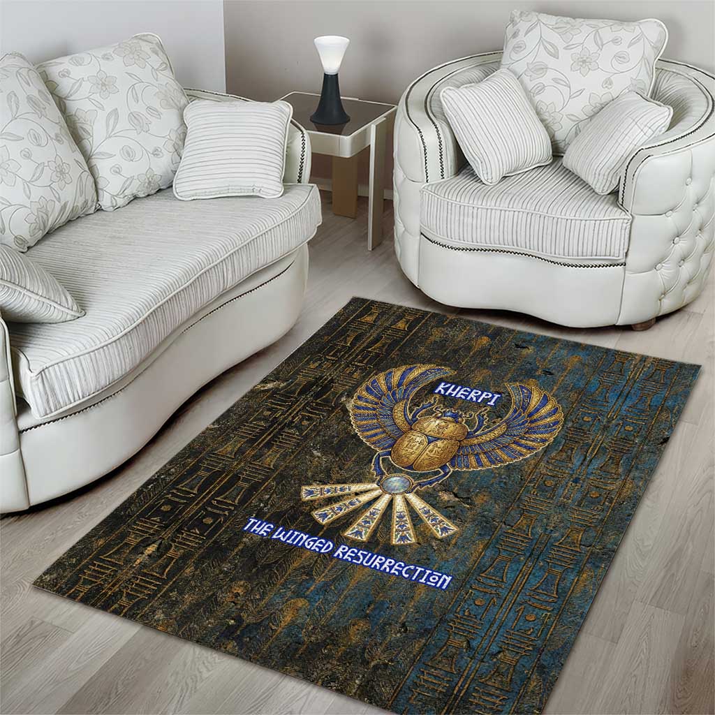 Khepri Ancient Egyptian Area Rug Dark Hieroglyphic, Blue Lotus Eye Symbol, and Winged Scarab Resurrection - African Pride