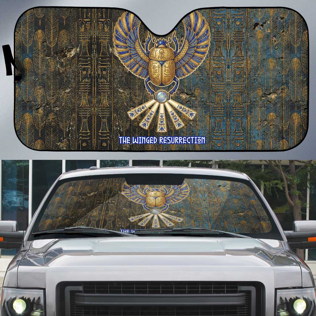 Khepri Ancient Egyptian Auto Sun Shade Dark Hieroglyphic, Blue Lotus Eye Symbol, and Winged Scarab Resurrection - African Pride