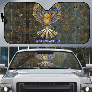 Khepri Ancient Egyptian Auto Sun Shade Dark Hieroglyphic, Blue Lotus Eye Symbol, and Winged Scarab Resurrection - African Pride