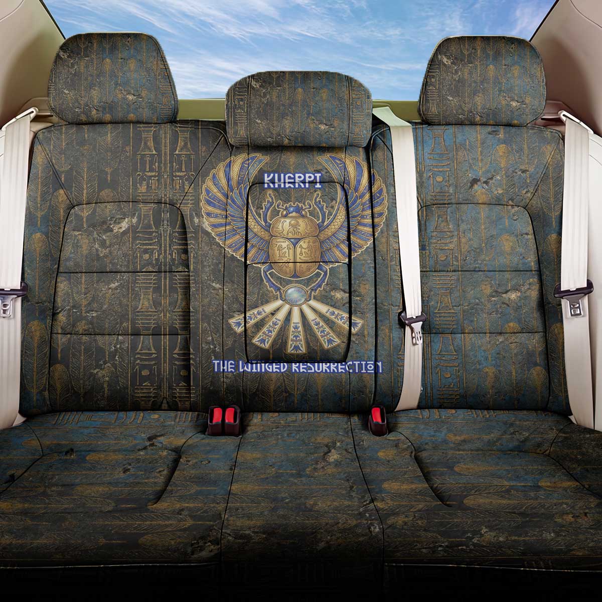 Khepri Ancient Egyptian Back Car Seat Cover Dark Hieroglyphic, Blue Lotus Eye Symbol, and Winged Scarab Resurrection - African Pride