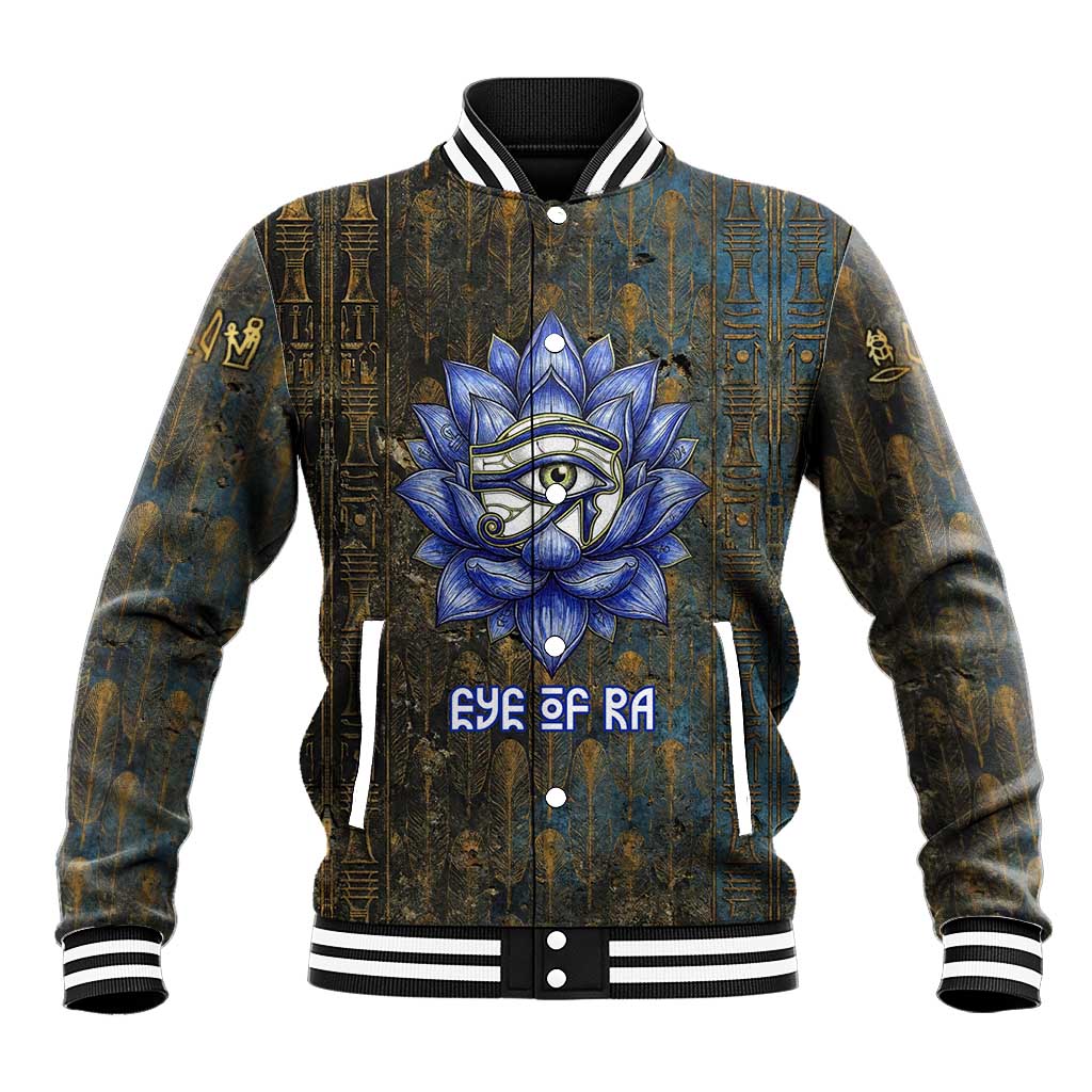 Khepri Ancient Egyptian Baseball Jacket Dark Hieroglyphic, Blue Lotus Eye Symbol, and Winged Scarab Resurrection - African Pride