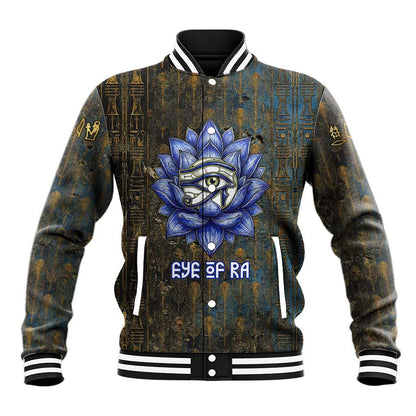 Khepri Ancient Egyptian Baseball Jacket Dark Hieroglyphic, Blue Lotus Eye Symbol, and Winged Scarab Resurrection - African Pride