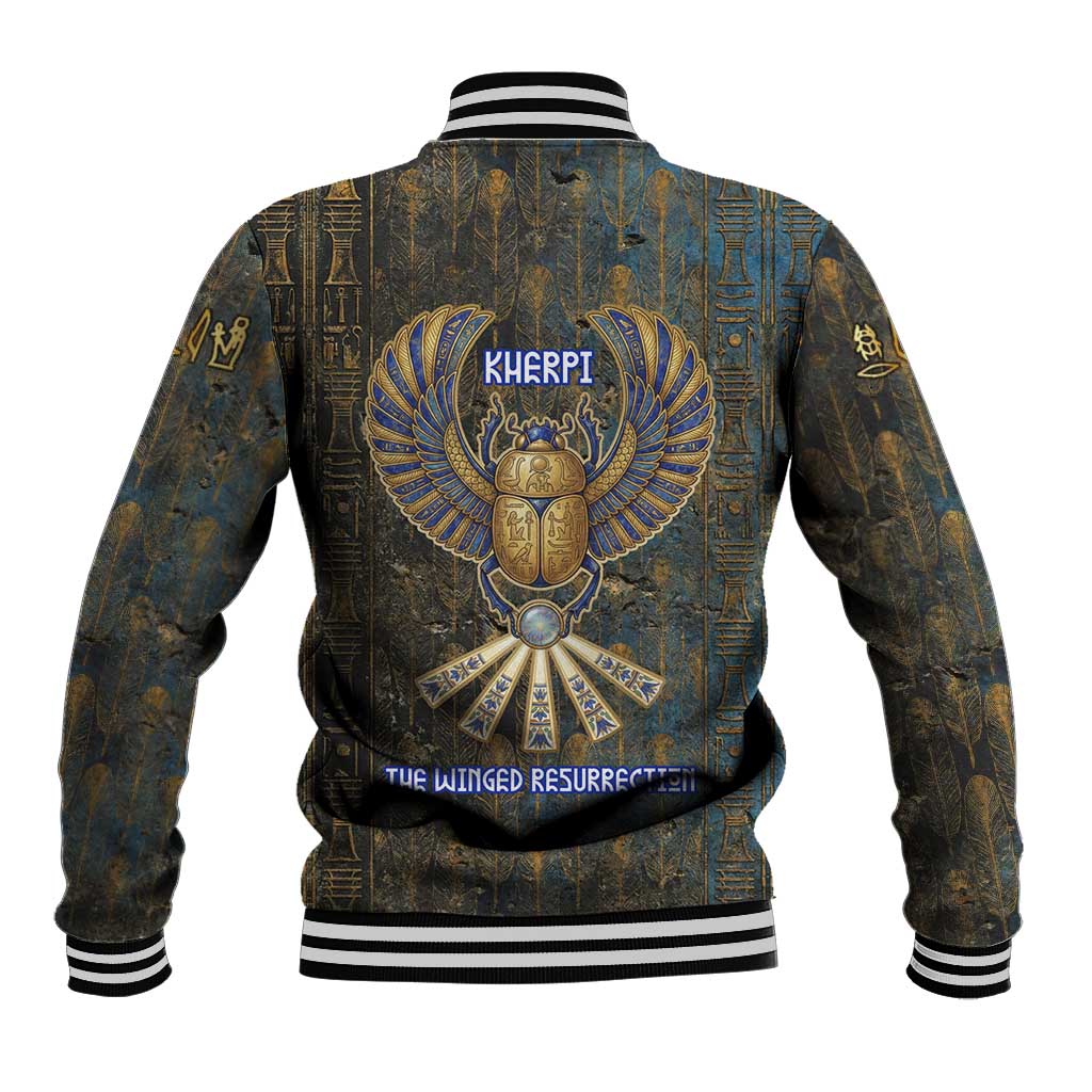 Khepri Ancient Egyptian Baseball Jacket Dark Hieroglyphic, Blue Lotus Eye Symbol, and Winged Scarab Resurrection - African Pride