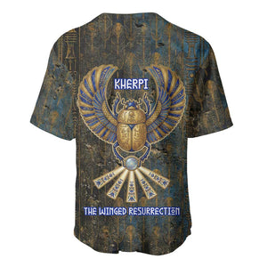 Khepri Ancient Egyptian Baseball Jersey Dark Hieroglyphic, Blue Lotus Eye Symbol, and Winged Scarab Resurrection - African Pride