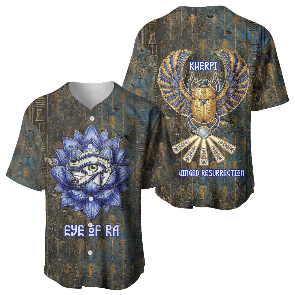 Khepri Ancient Egyptian Baseball Jersey Dark Hieroglyphic, Blue Lotus Eye Symbol, and Winged Scarab Resurrection - African Pride