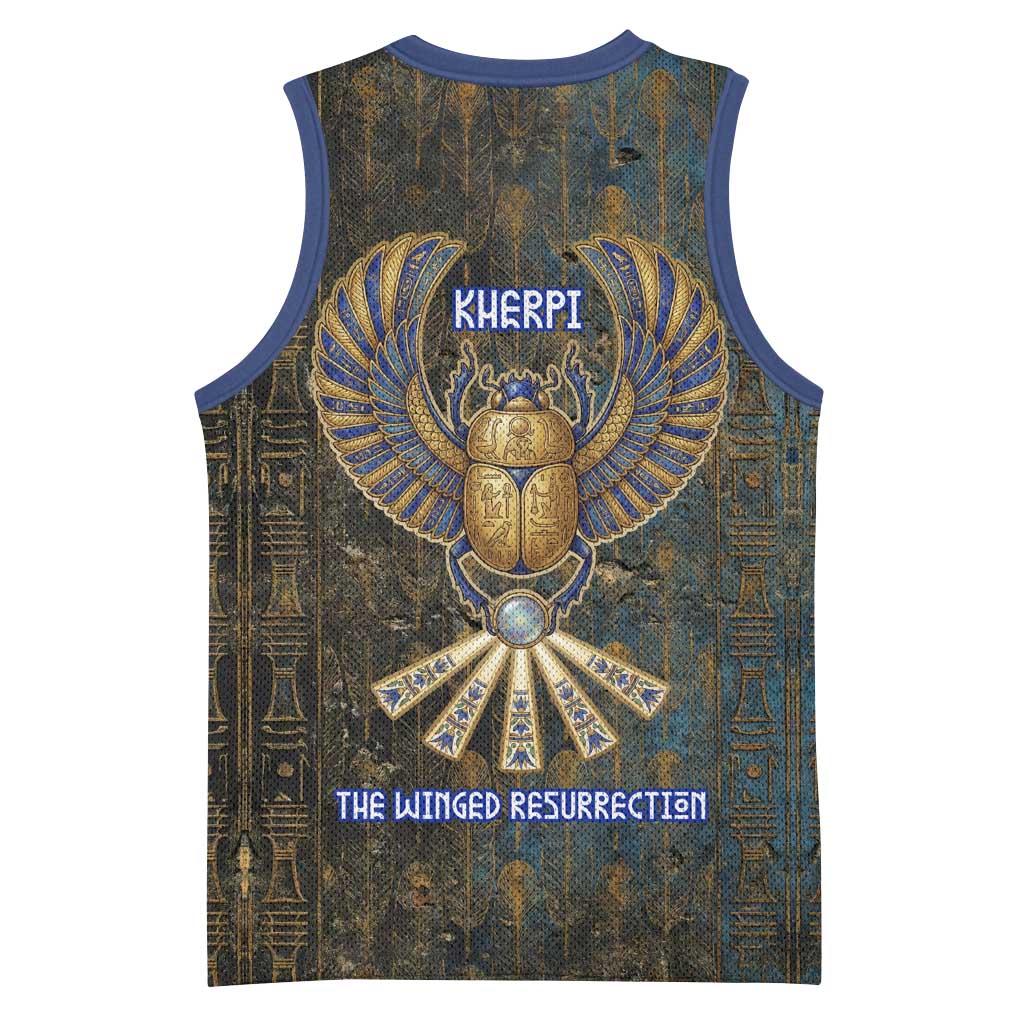 Khepri Ancient Egyptian Basketball Jersey Dark Hieroglyphic, Blue Lotus Eye Symbol, and Winged Scarab Resurrection - African Pride