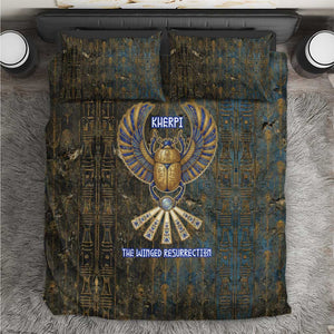 Khepri Ancient Egyptian Bedding Set Dark Hieroglyphic, Blue Lotus Eye Symbol, and Winged Scarab Resurrection - African Pride