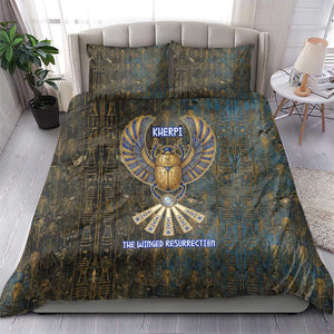 Khepri Ancient Egyptian Bedding Set Dark Hieroglyphic, Blue Lotus Eye Symbol, and Winged Scarab Resurrection - African Pride