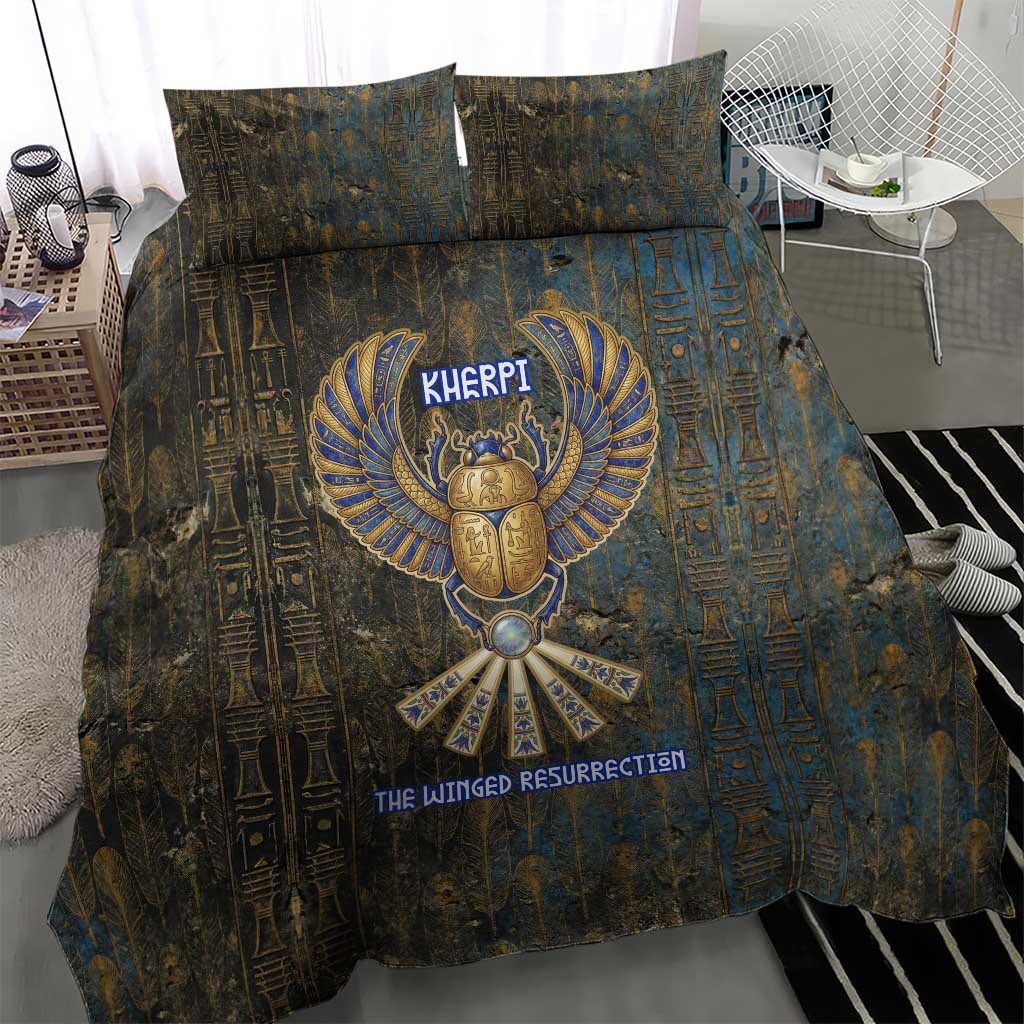 Khepri Ancient Egyptian Bedding Set Dark Hieroglyphic, Blue Lotus Eye Symbol, and Winged Scarab Resurrection - African Pride
