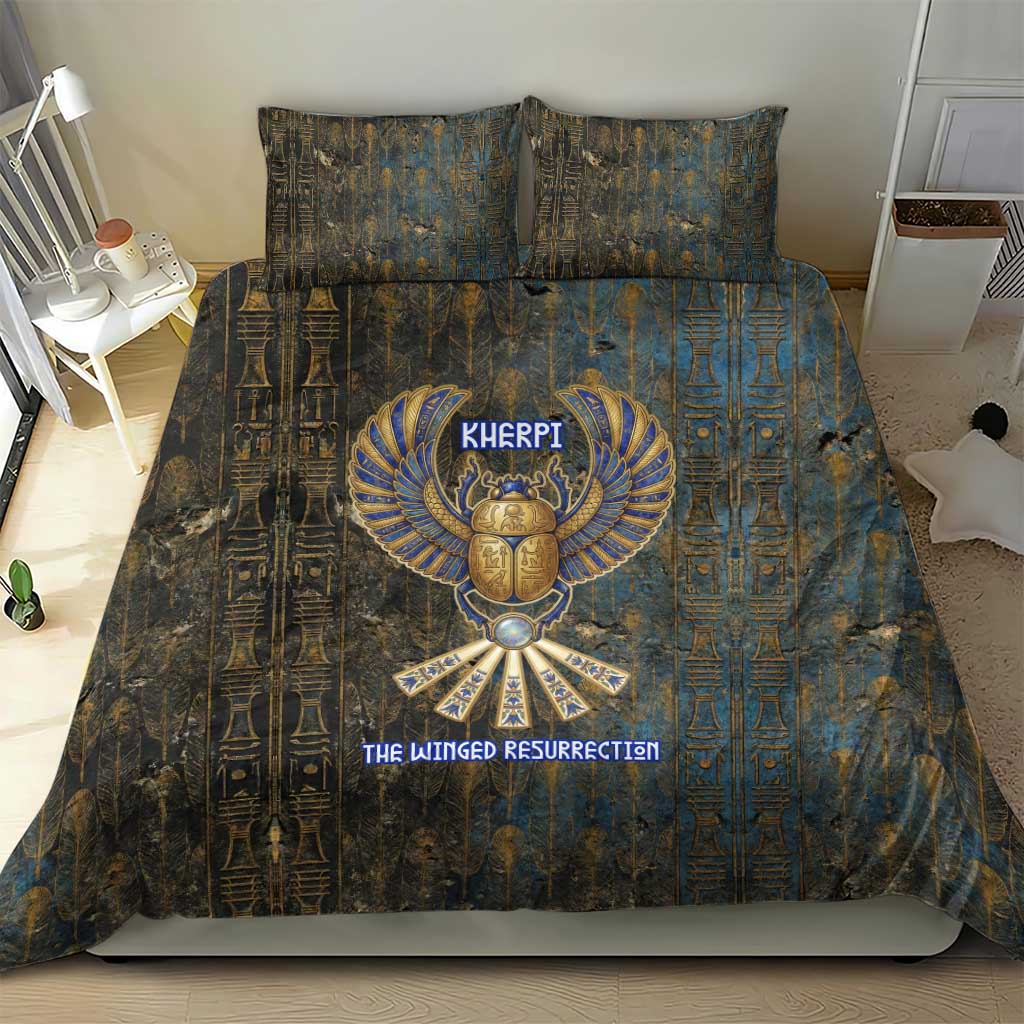 Khepri Ancient Egyptian Bedding Set Dark Hieroglyphic, Blue Lotus Eye Symbol, and Winged Scarab Resurrection - African Pride