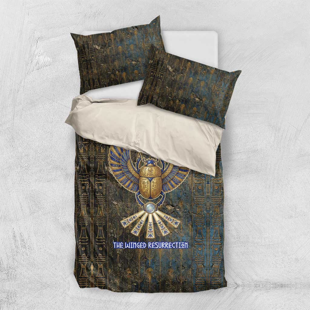 Khepri Ancient Egyptian Bedding Set Dark Hieroglyphic, Blue Lotus Eye Symbol, and Winged Scarab Resurrection - African Pride