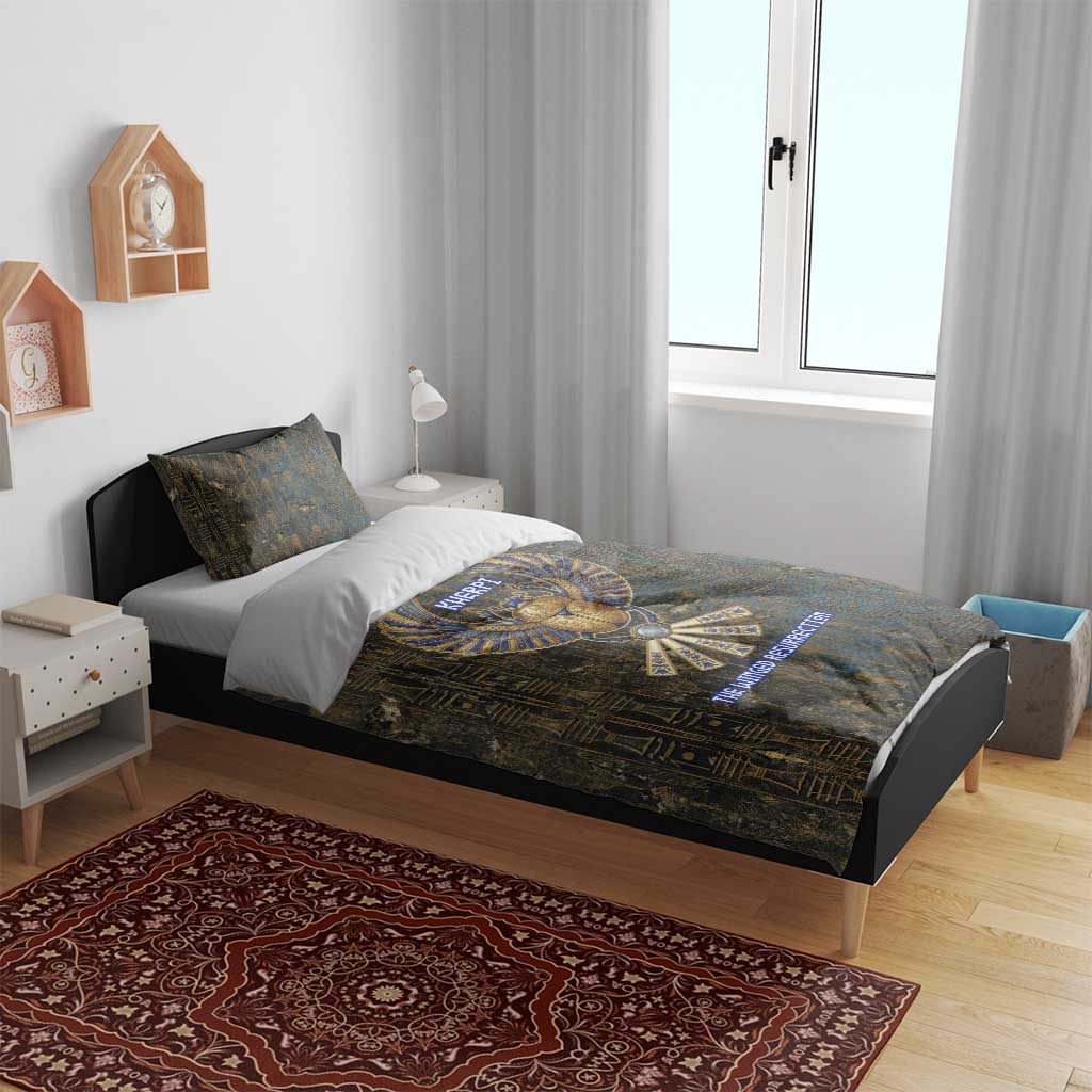 Khepri Ancient Egyptian Bedding Set Dark Hieroglyphic, Blue Lotus Eye Symbol, and Winged Scarab Resurrection - African Pride