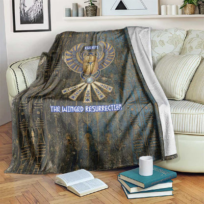 Khepri Ancient Egyptian Blanket Dark Hieroglyphic, Blue Lotus Eye Symbol, and Winged Scarab Resurrection - African Pride