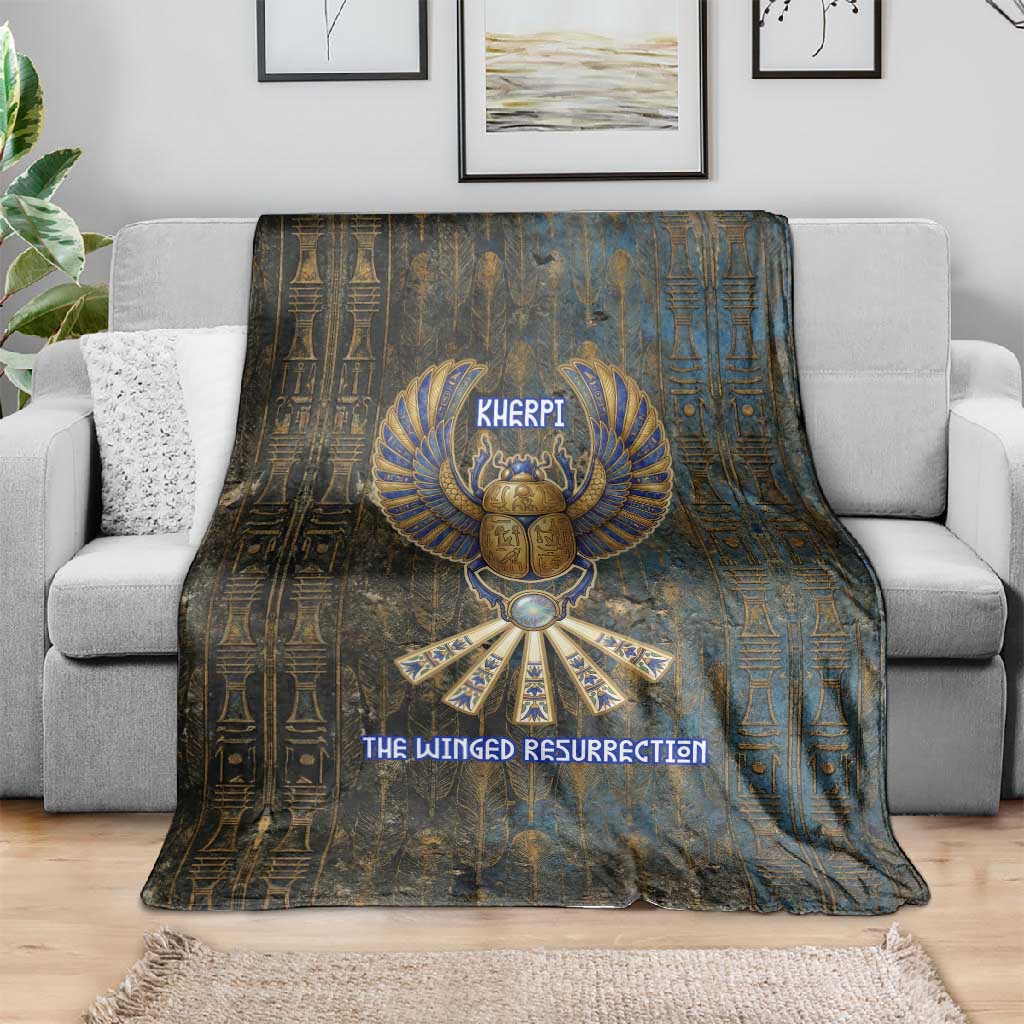 Khepri Ancient Egyptian Blanket Dark Hieroglyphic, Blue Lotus Eye Symbol, and Winged Scarab Resurrection - African Pride