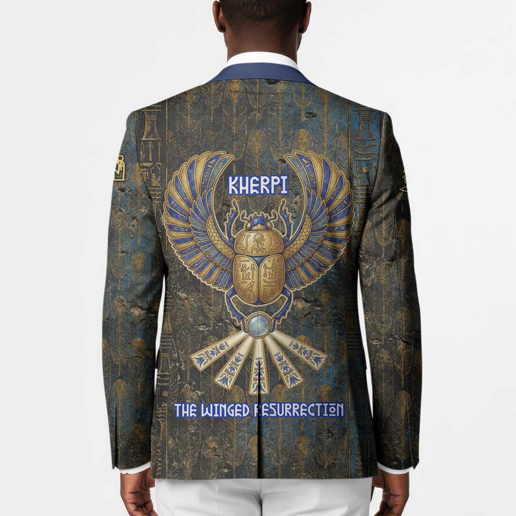 Khepri Ancient Egyptian Blazer Dark Hieroglyphic, Blue Lotus Eye Symbol, and Winged Scarab Resurrection - African Pride