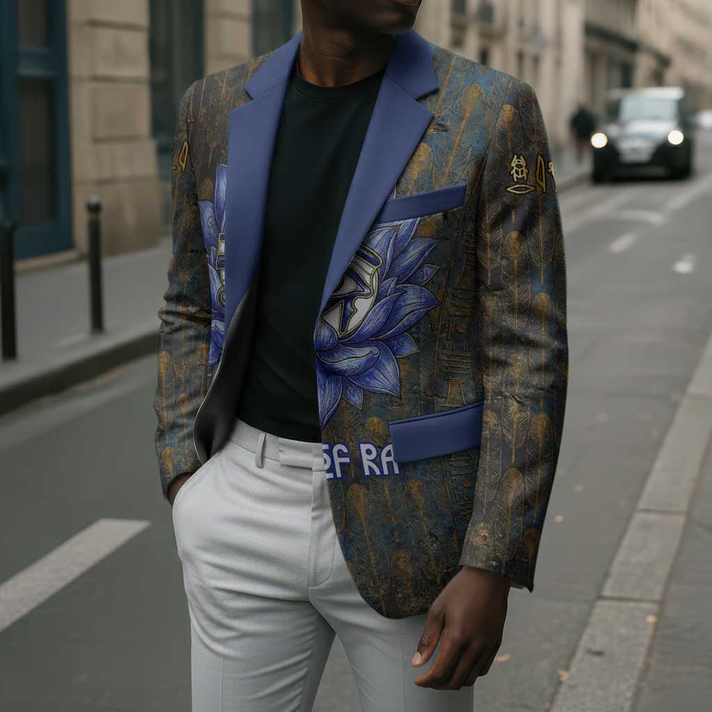 Khepri Ancient Egyptian Blazer Dark Hieroglyphic, Blue Lotus Eye Symbol, and Winged Scarab Resurrection - African Pride