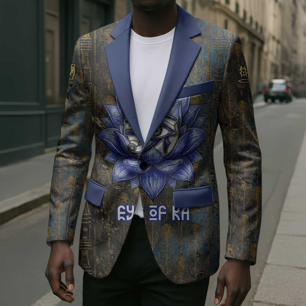 Khepri Ancient Egyptian Blazer Dark Hieroglyphic, Blue Lotus Eye Symbol, and Winged Scarab Resurrection - African Pride
