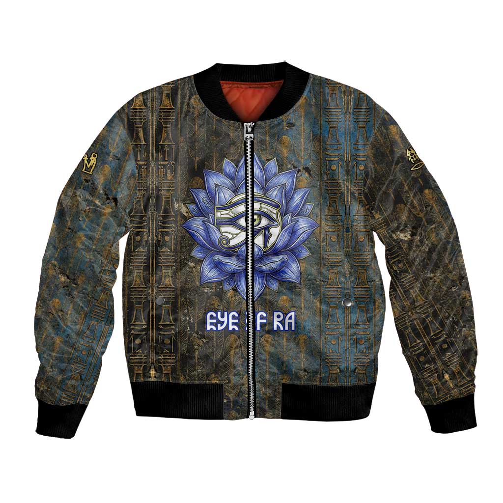 Khepri Ancient Egyptian Bomber Jacket Dark Hieroglyphic, Blue Lotus Eye Symbol, and Winged Scarab Resurrection - African Pride