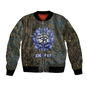 Khepri Ancient Egyptian Bomber Jacket Dark Hieroglyphic, Blue Lotus Eye Symbol, and Winged Scarab Resurrection - African Pride