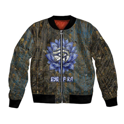 Khepri Ancient Egyptian Bomber Jacket Dark Hieroglyphic, Blue Lotus Eye Symbol, and Winged Scarab Resurrection - African Pride