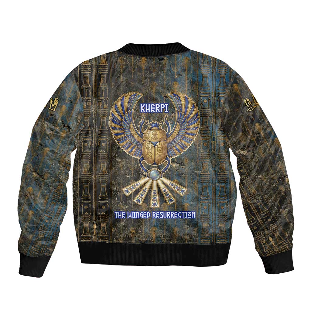 Khepri Ancient Egyptian Bomber Jacket Dark Hieroglyphic, Blue Lotus Eye Symbol, and Winged Scarab Resurrection - African Pride