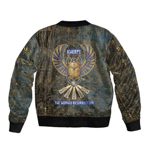 Khepri Ancient Egyptian Bomber Jacket Dark Hieroglyphic, Blue Lotus Eye Symbol, and Winged Scarab Resurrection - African Pride