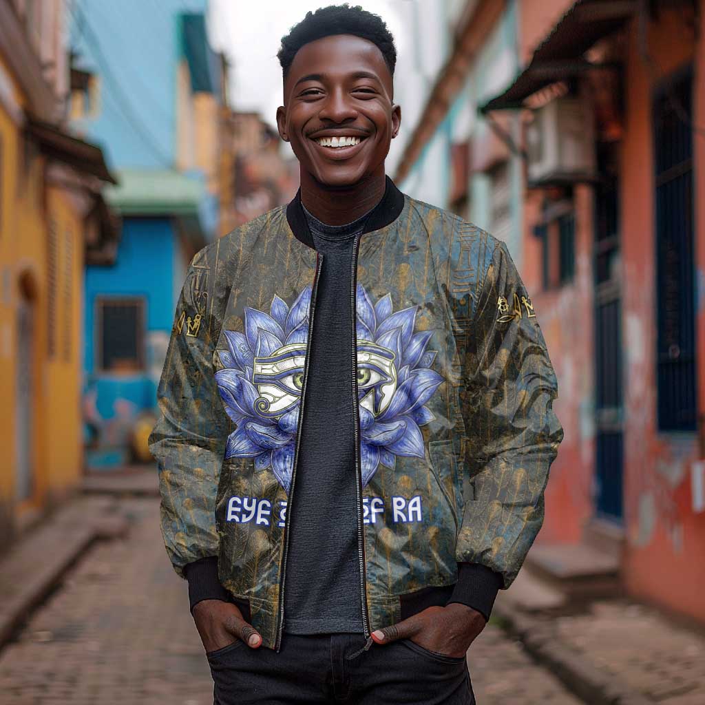 Khepri Ancient Egyptian Bomber Jacket Dark Hieroglyphic, Blue Lotus Eye Symbol, and Winged Scarab Resurrection - African Pride