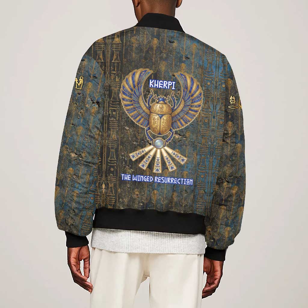 Khepri Ancient Egyptian Bomber Jacket Dark Hieroglyphic, Blue Lotus Eye Symbol, and Winged Scarab Resurrection - African Pride