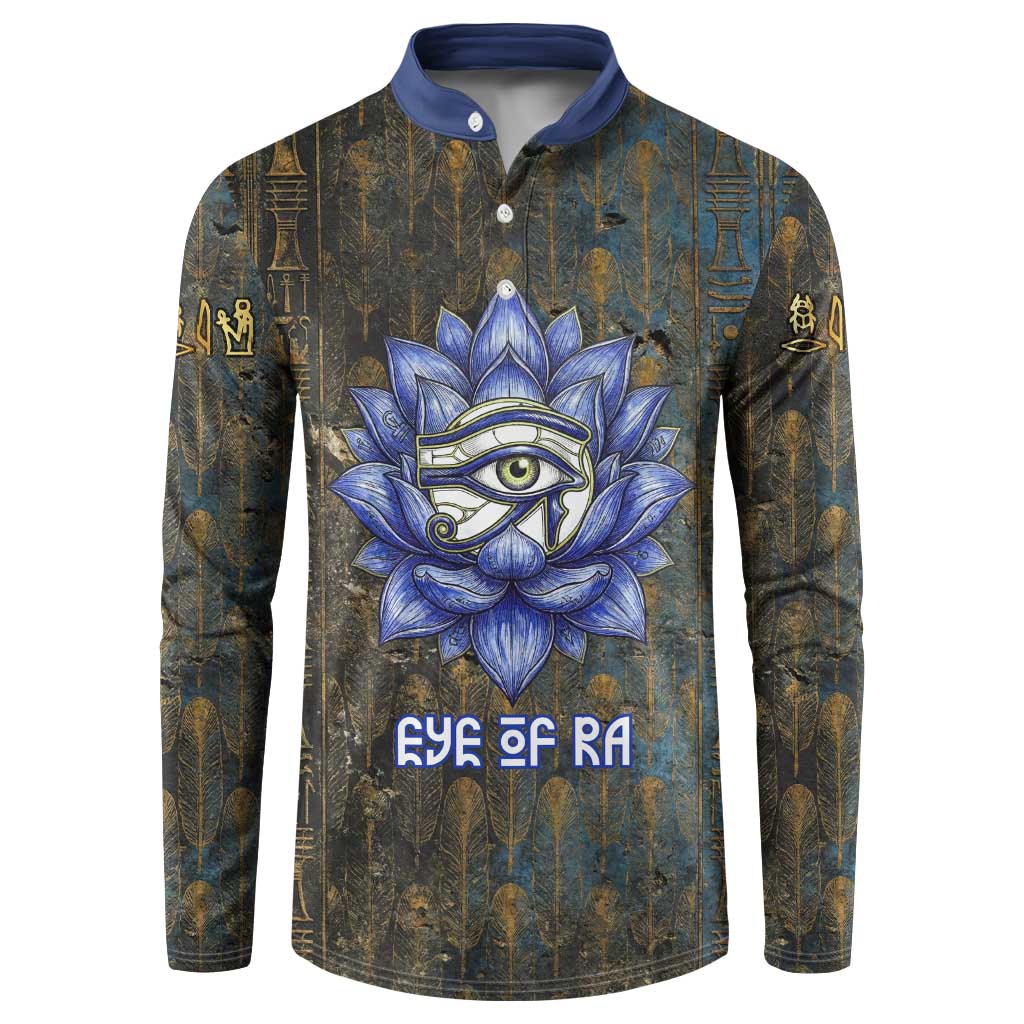 Khepri Ancient Egyptian Button Sweatshirt Dark Hieroglyphic, Blue Lotus Eye Symbol, and Winged Scarab Resurrection
